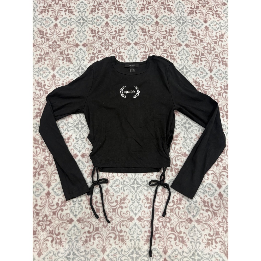 Forever 21 Spoiled Graphic Ribbed Long Sleeve Crop Top Black Medium Side Tie